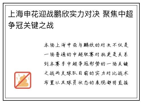 上海申花迎战鹏欣实力对决 聚焦中超争冠关键之战